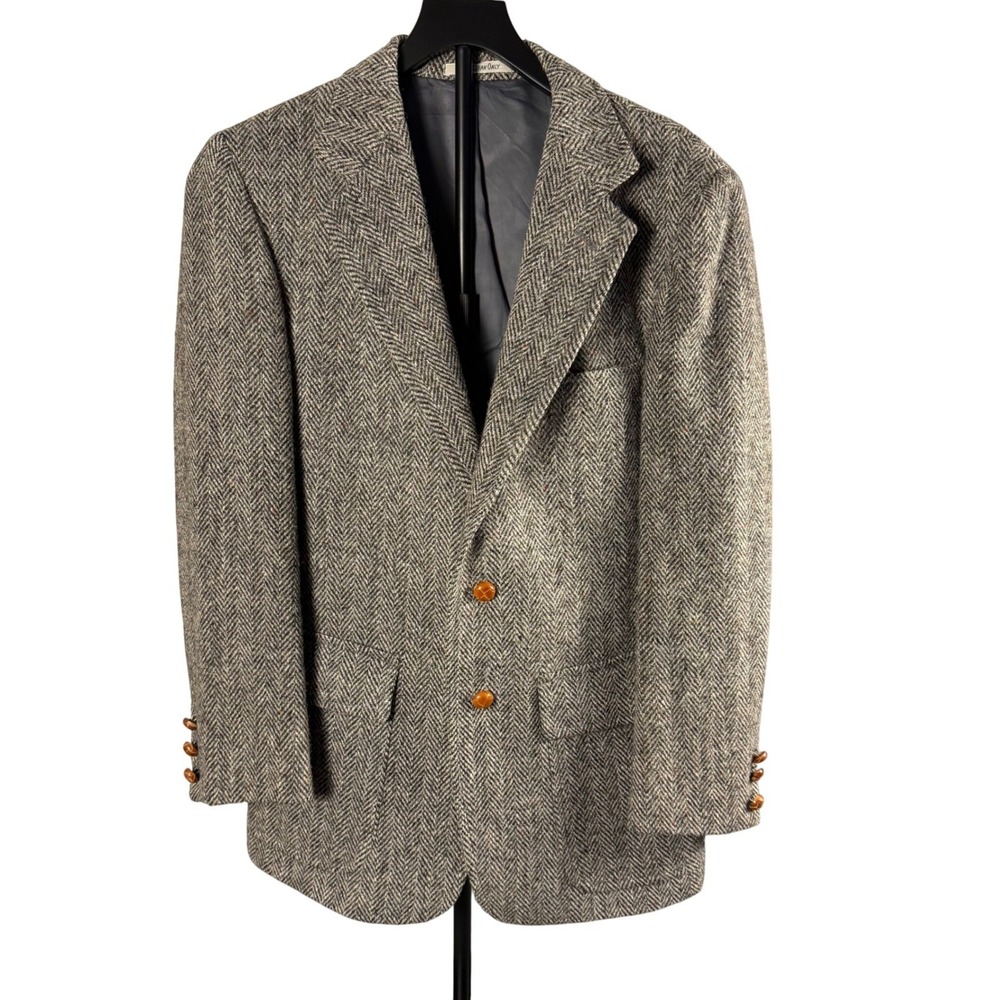 Harris Tweed Mens Herringbone Blazer Sport Coat Grey Wool Two Button Vintage